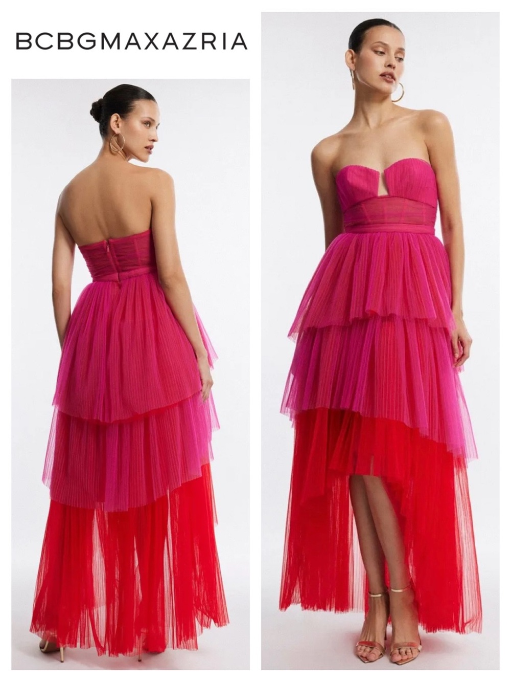 BCBGMazAzria Flora Strapless High-Low Tulle Gown In Raspberry
